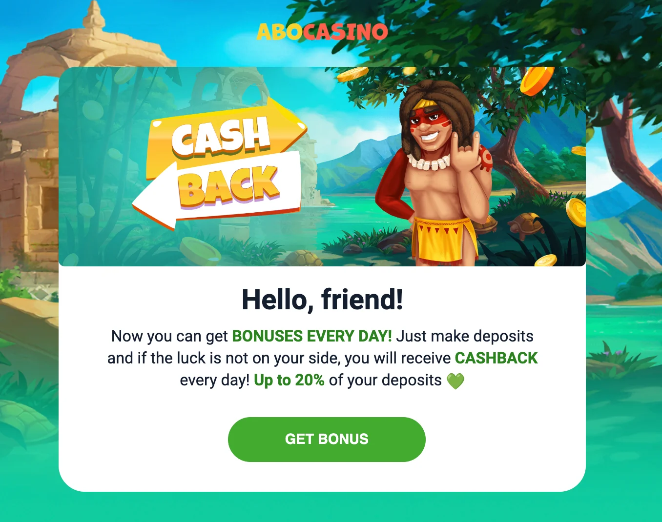 Abo Casino cashback daily code on email